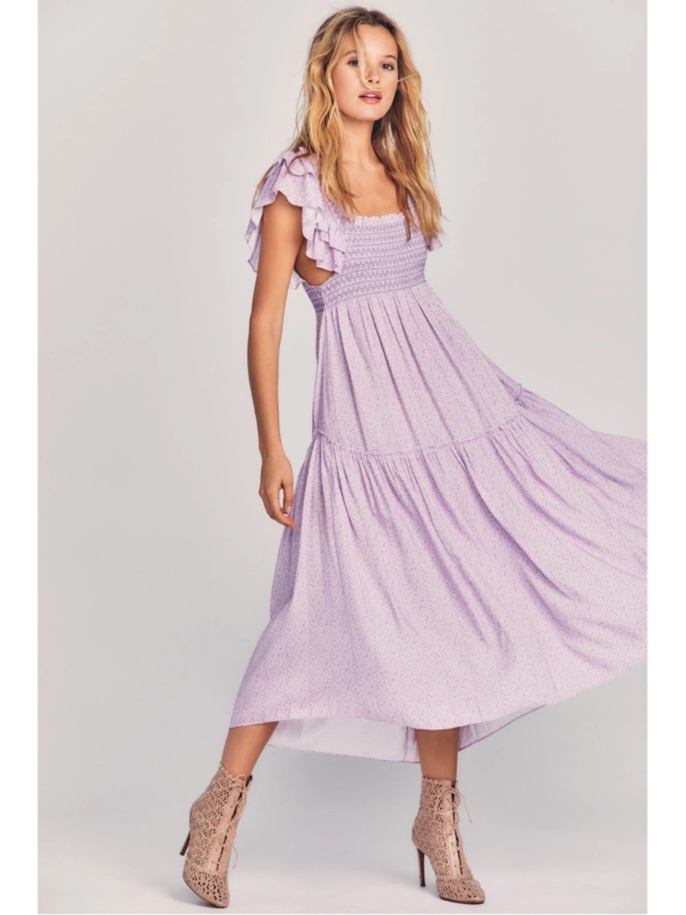 LoveShackFancy Burnley Midi Dress in Purple Pansy Ditsy Floral